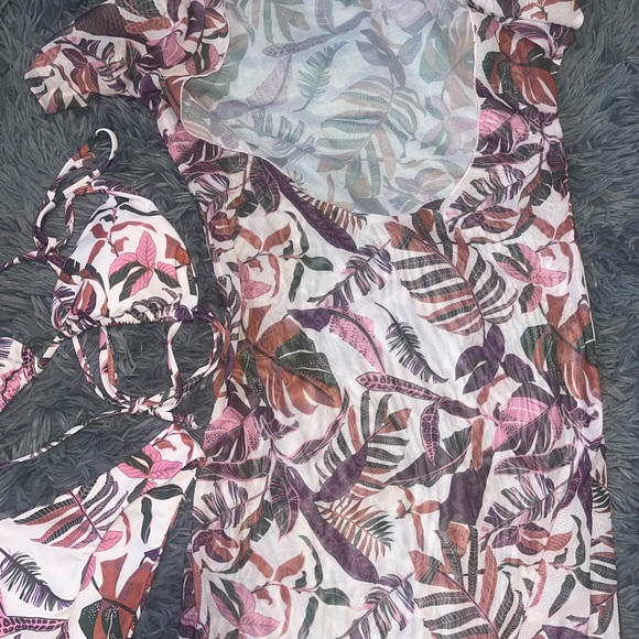 3pack Plant Print Halter Bikini Swimsuit & Cover Up - Picture 5 of 8